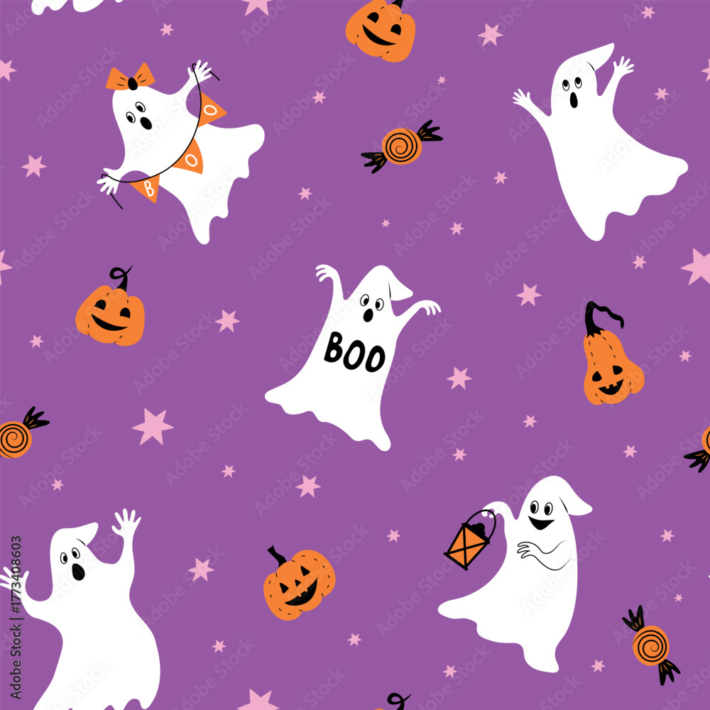 Fototapeta premium A cute seamless pattern with ghosts, pumpkins, and candy. Perfect for Halloween.