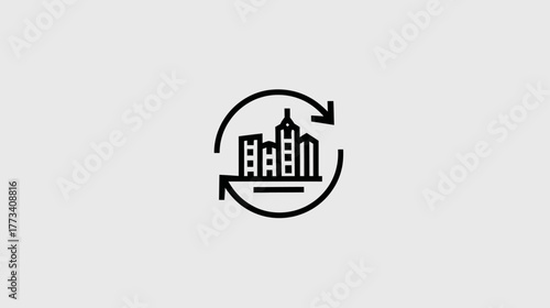 Two arrows forming a circle around a simple city icon, representing a continuous cycle.
