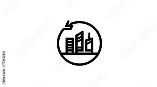 Two arrows forming a circle around a simple city icon, representing a continuous cycle.