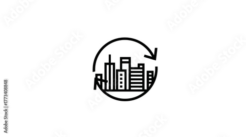 Two arrows forming a circle around a simple city icon, representing a continuous cycle.