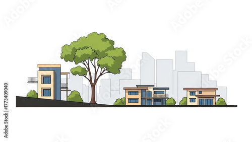 Modern suburban houses with a tree in an urban setting illustration