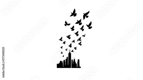 A flock of doves rising to form the outline of a city's skyline.