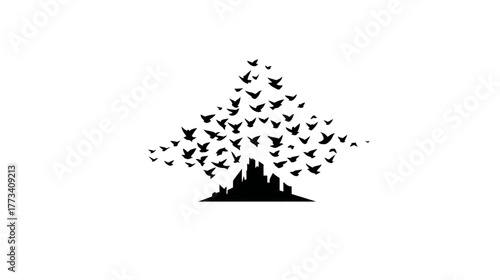 A flock of doves rising to form the outline of a city's skyline.