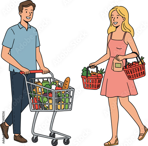 Grocery shopping, supermarket scene, consumer behavior, food purchase, everyday lifestyle, retail activity, healthy choices, vector illustration, shopping cart, fresh produce, market visit, essentials