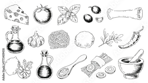 Italian Food Ingredients Hand Drawn Sketch Black And White
