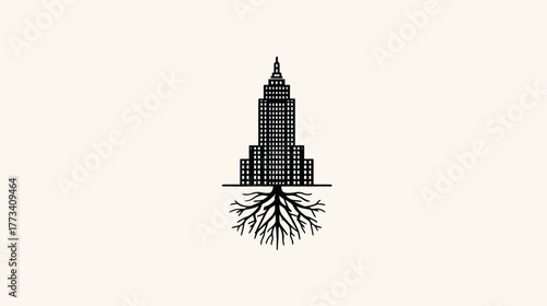 Roots of Resilience. A skyscraper with roots digging deep into the ground, symbolizing stability.