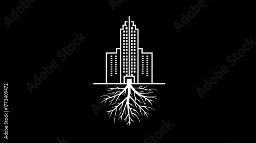 Roots of Resilience. A skyscraper with roots digging deep into the ground, symbolizing stability.