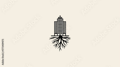 Roots of Resilience. A skyscraper with roots digging deep into the ground, symbolizing stability.