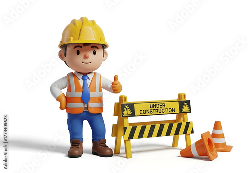 3D render of a safety mascot holding caution sign with cones. Industrial engineering design with clean lighting and realistic white background