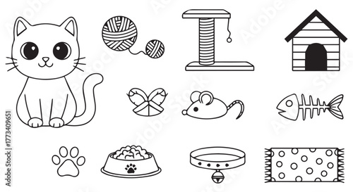 Cute cartoon cat and its accessories, isolated on transparent background