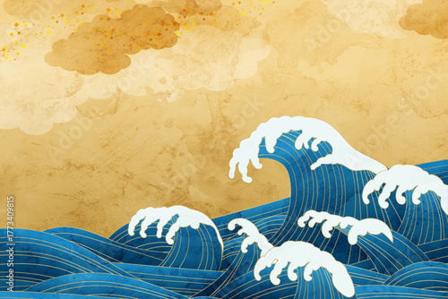 躍動する波と金色の和風パターン、正月背景。、和風