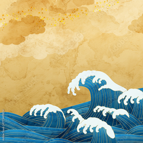 躍動する波と金色の和風パターン、正月背景。、和風