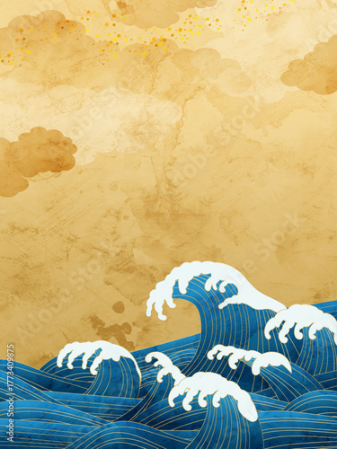 躍動する波と金色の和風パターン、正月背景。、和風