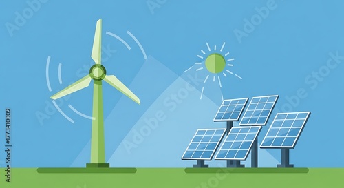 Renewable Energy Sources Wind Turbine and Solar Panels Under the Sun.