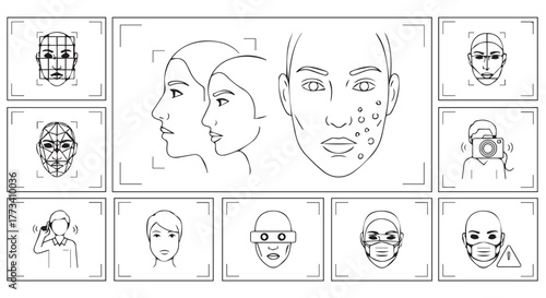 Facial recognition technology and analysis of human faces, showing identification and security isolated on transparent background