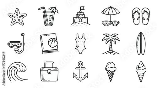 Summer Beach Vacation Line Art Icons holiday travel