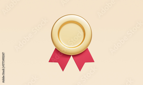 금 메달 배지와 빨간 리본 목업 Gold Award Medal Badge with Red Ribbon Mock up