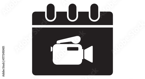 Black icon of a calendar with a video camera symbol, isolated on transparent background