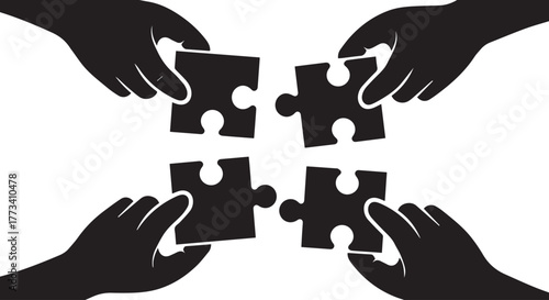 Four hands connecting puzzle pieces together, symbolizing teamwork and collaboration isolated on transparent background