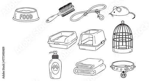 Collection of pet care items including a food bowl, brush, toy, litter box, cage, and collar isolated on transparent background