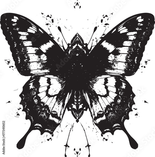Distressed Black and White Butterfly Vector Illustration with Grunge Texture and Splatter Effect