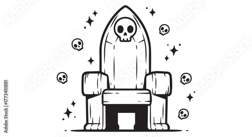 Skull throne with stars and small skulls floating around it, isolated on transparent background