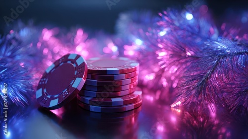 Stack of casino chips with Christmas decorations and neon holiday lights