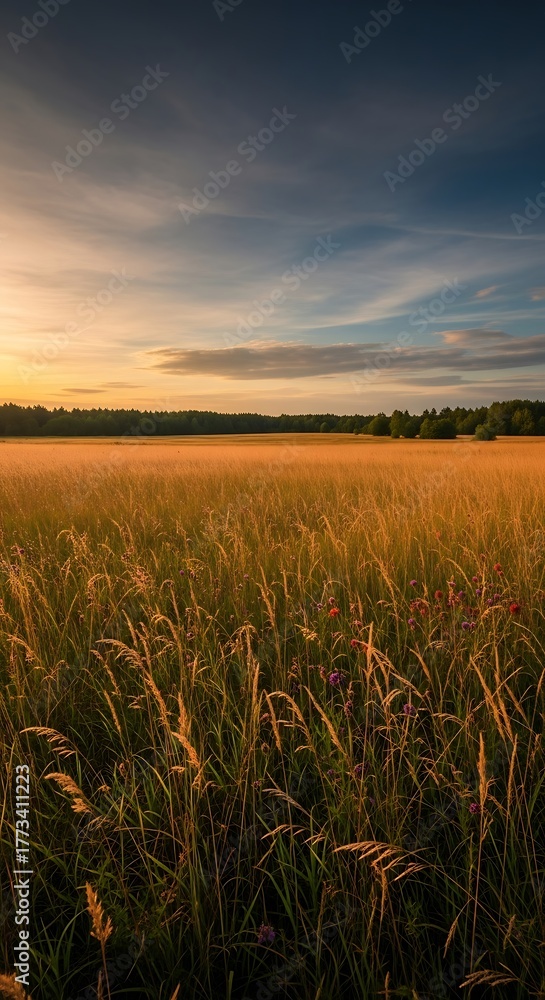Fototapeta premium Golden Wheat Field at Sunset - A Serene Landscape.