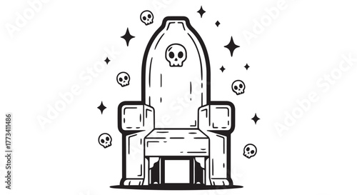 Skull throne surrounded by skulls and stars, black and white illustration isolated on transparent background