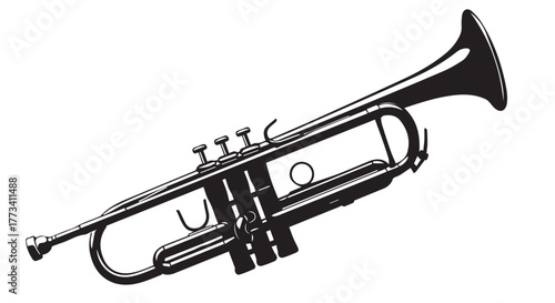Black and white illustration of a trumpet isolated on transparent background