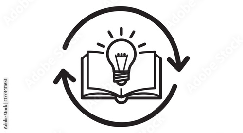 Icon representing the cycle of learning and gaining new ideas, featuring an open book with a lightbulb and circular arrows isolated on transparent background