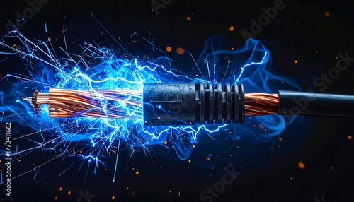 Dramatic depiction of electrical current surge through a severed power cable with sparks