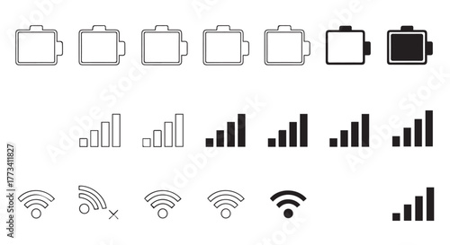 Collection of icons representing battery level, signal strength, and wifi connectivity isolated on transparent background