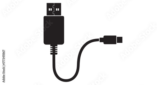 Black silhouette of a usb cable with usba and usbc connectors isolated on transparent background