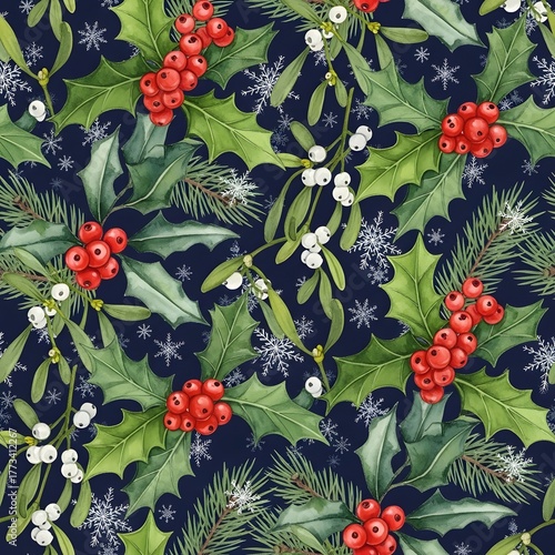 Watercolor Christmas seamless pattern with festive holly, mistletoe, pine branches, and snowflakes on dark blue, ideal for winter holiday textile prints and seasonal designs
