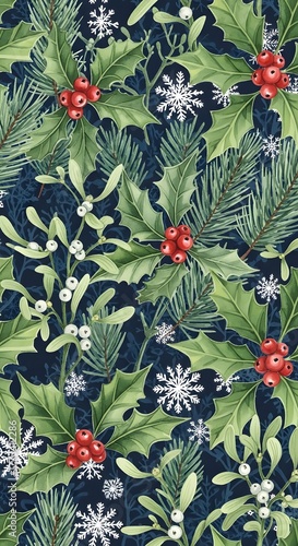 Festive holiday pattern with green fir branches, holly leaves with red berries, and snowflakes on a dark background, seamless textile design