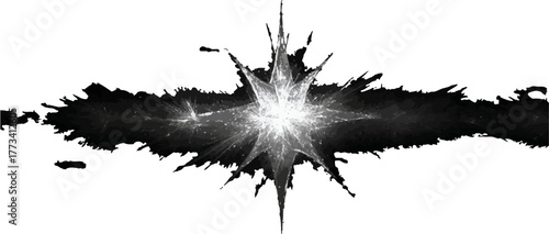 A striking monochrome graphic shows a central burst of light, radiating outwards amidst dark, jagged shapes, creating a dramatic and dynamic visual effect.