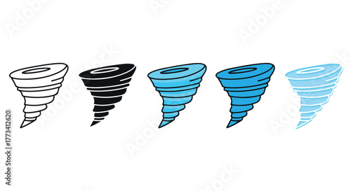 Collection of tornado icons in various styles and colors representing weather phenomena isolated on transparent background