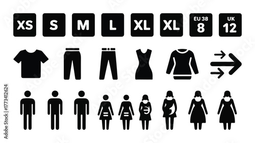 Clothing Size and Apparel Icons with Gender Silhouettes