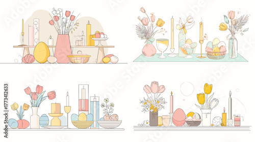 Soft pastel Easter still life with flowers, eggs, and candles. Perfect for spring holiday greeting cards, home decor illustrations, and seasonal art prints.