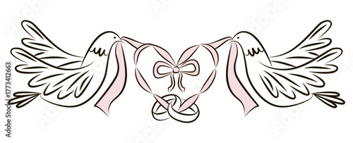 Vector illustration featuring two doves carrying pink ribbons forming a heart with a bow, intertwined with wedding rings. Represents love and marriage symbolism, ideal for romantic themes.