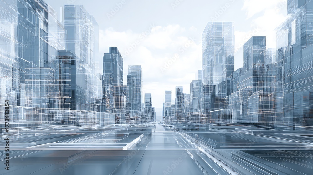 Fototapeta premium Digital city skyline, wireframe buildings