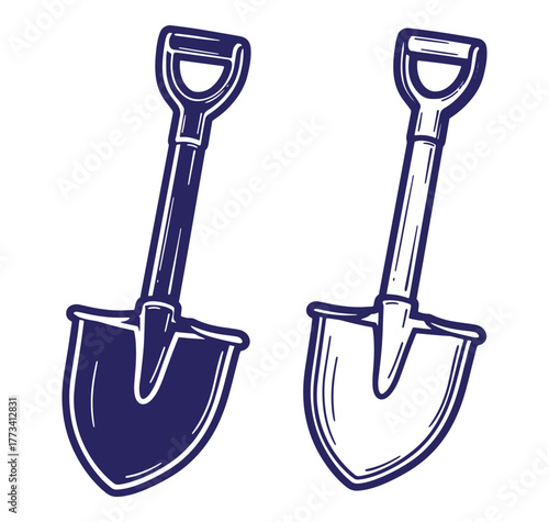 Illustrated vector graphic of two shovels in different color styles for design purposes