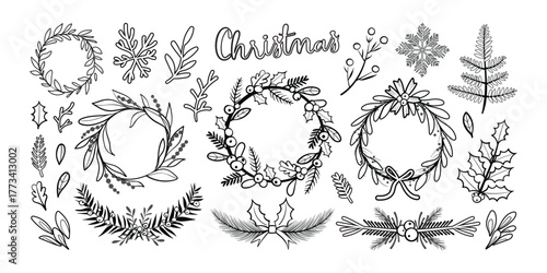 Set of isolated Christmas wreath and decoration elements, black outline and white plain, for holiday seasonal on transparent background.