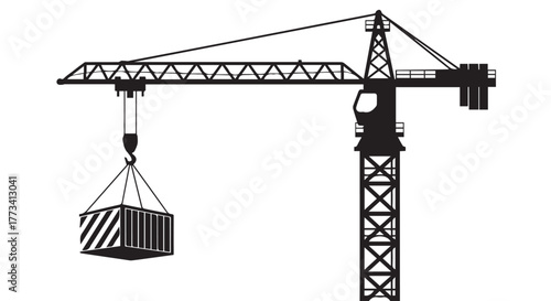 Silhouette of a construction tower crane lifting a heavy load, symbolizing building and industry isolated on transparent background