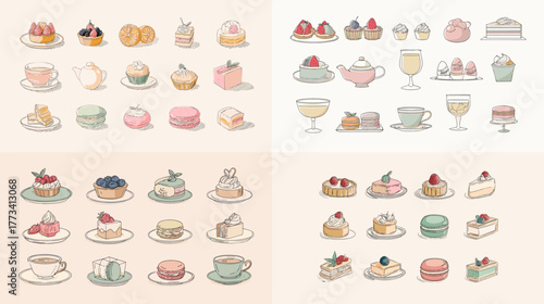 Delicate pastel dessert and tea set illustration featuring macarons, cupcakes, and teacups. Perfect for café branding, patisserie packaging, menu design, or afternoon tea invitations.