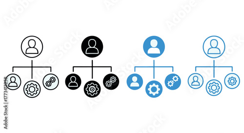 Organizational chart icons showing hierarchy and roles in different styles isolated on transparent background