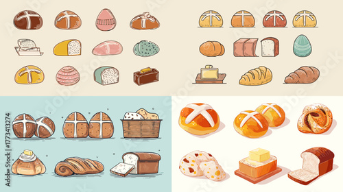 Hand-drawn bakery illustration with loaves, rolls, and pastries in soft pastel tones. Perfect for café branding, bakery packaging, menu designs, and artisanal food projects.