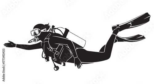 Scuba diver swimming underwater with scuba gear, isolated on transparent background