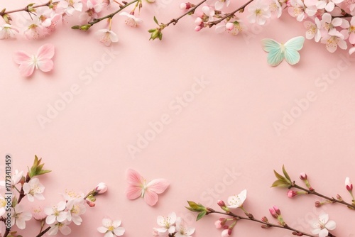 Creating elegant calligraphy on a soft blush pink background with cherry blossoms and pastel butterflies in a serene floral setting